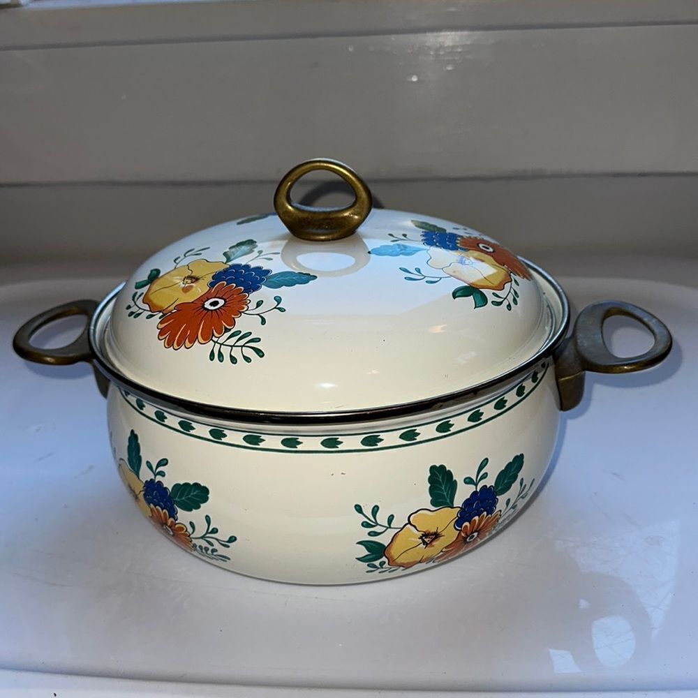 Vintage enamelware floral painted cooking pot with brass handles